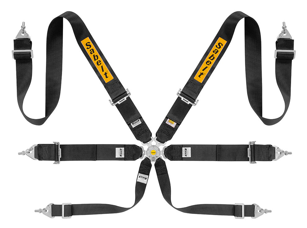 Sabelt 6-Point Steel Harness – 3" Shoulder / Lap Belts (Pull-Up) - BLACK